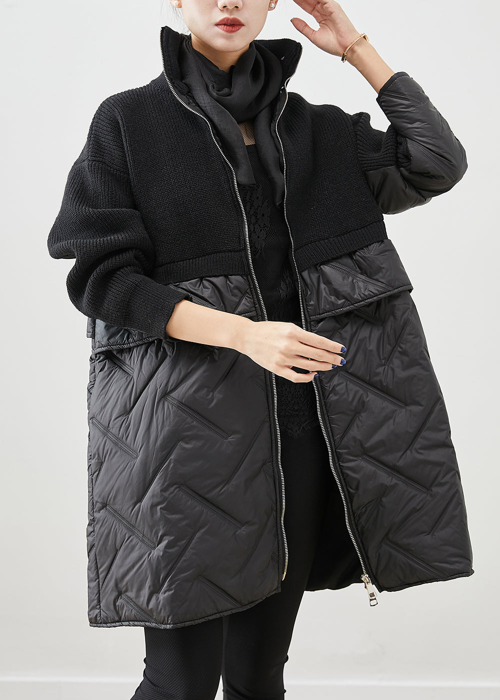 Women Black Zip Up Patchwork Fine Cotton Filled Knit Coat