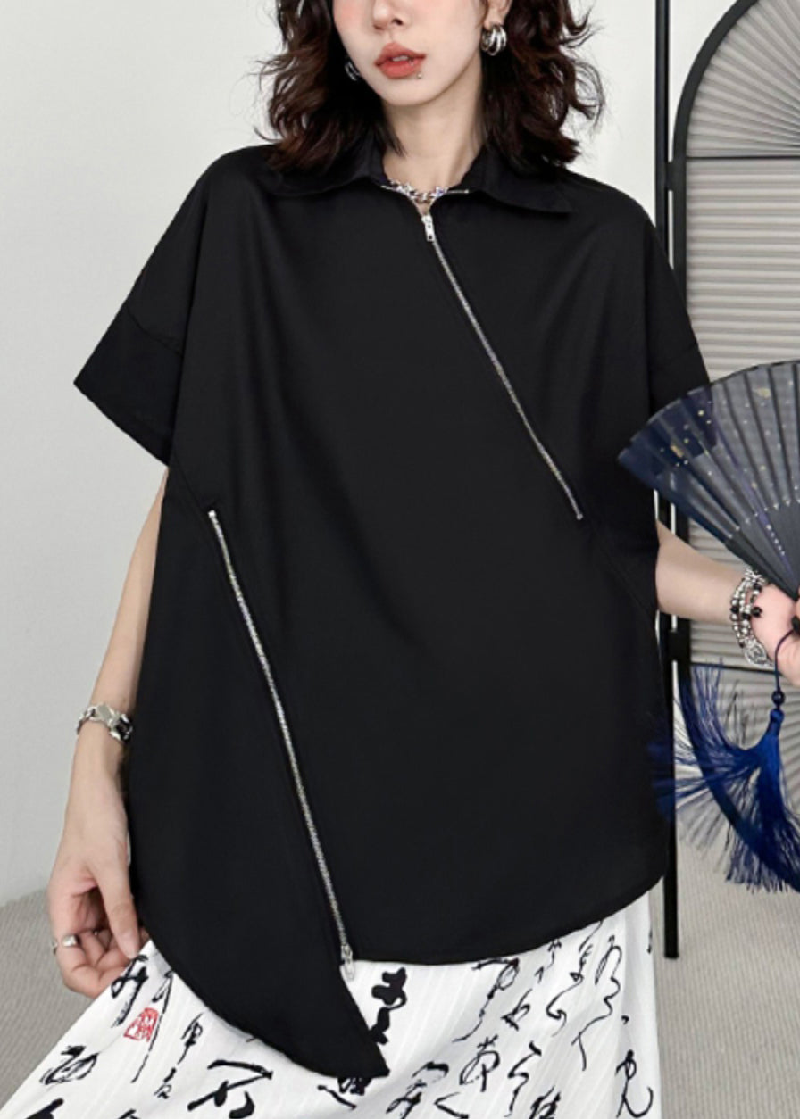 Women Black Zippered Asymmetrical Patchwork Cotton Blouses Short Sleeve