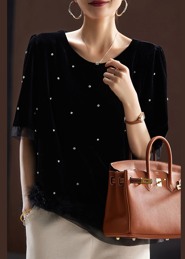 Women Black Zircon Fluffy Patchwork Silk Velour T Shirt Short Sleeve