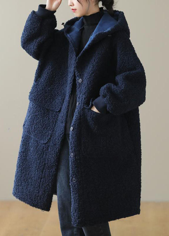 Women Blue Hooded Button Faux Fur Winter Coat