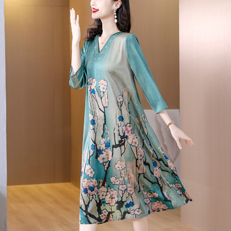 Casual Blue Silk Satin V-Neck Midi Dress Short Sleeve