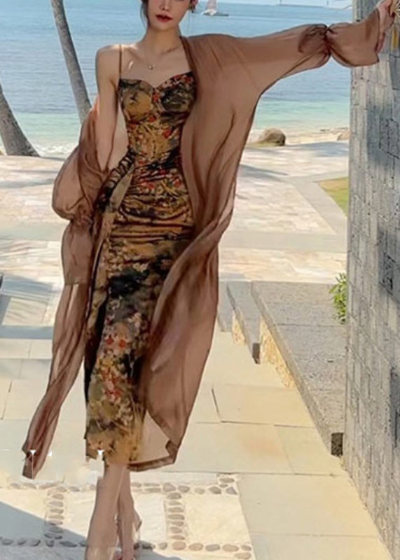 Women Brown V Neck Silk Long Cardigans And Slip Dress Two Piece Set Summer