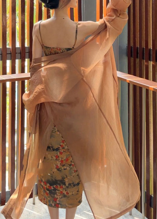 Women Brown V Neck Silk Long Cardigans And Slip Dress Two Piece Set Summer