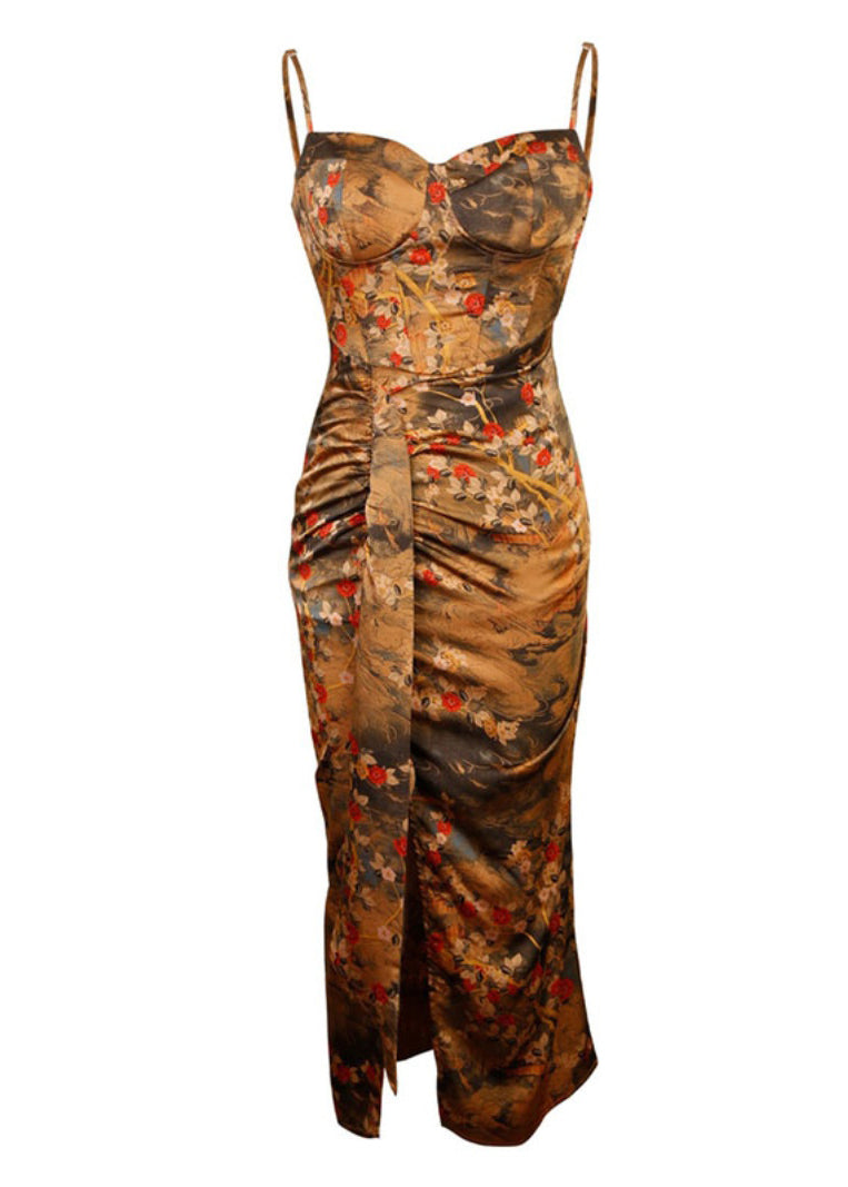Women Brown V Neck Silk Long Cardigans And Slip Dress Two Piece Set Summer