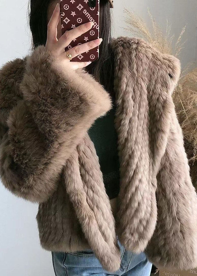Women Coffee Hooded Solid Color Rabbit Hair Knit Jacket Winter