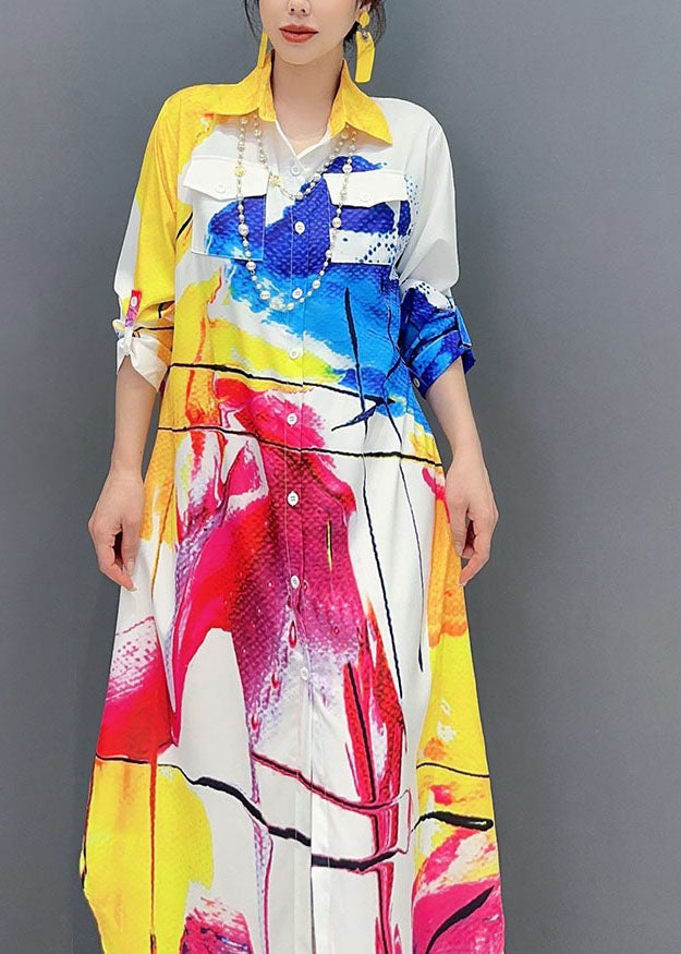 Women Colorblock Peter Pan Collar Print Button Maxi Shirts Dress Fall