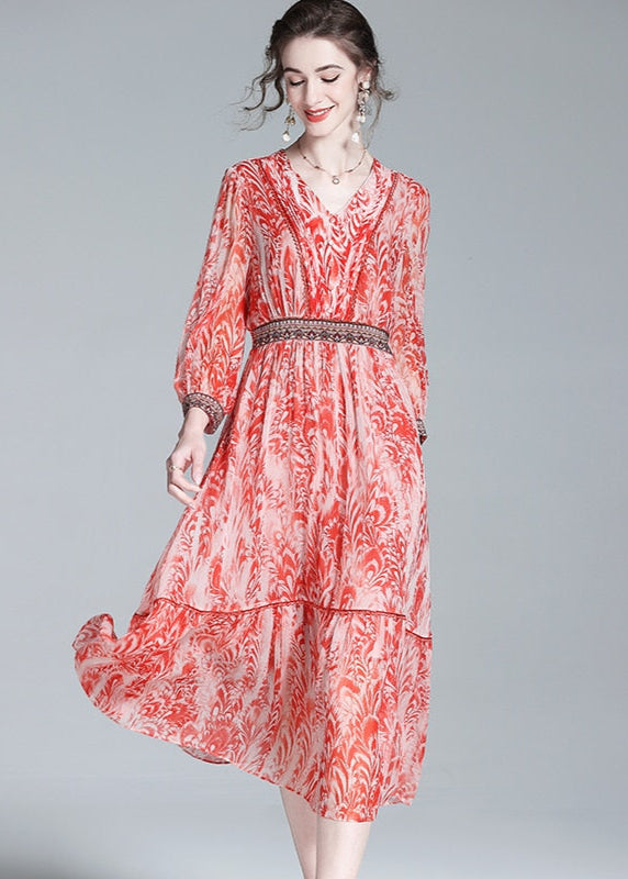 Casual Embroidery Floral Silk Ruffled V-Neck Midi Dress