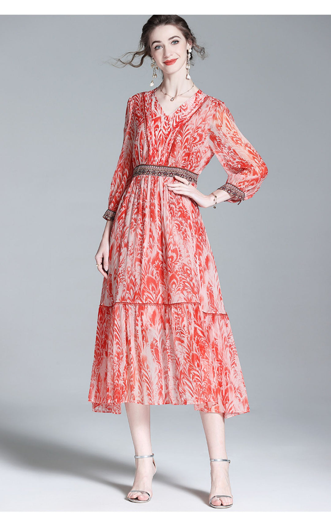 Casual Embroidery Floral Silk Ruffled V-Neck Midi Dress