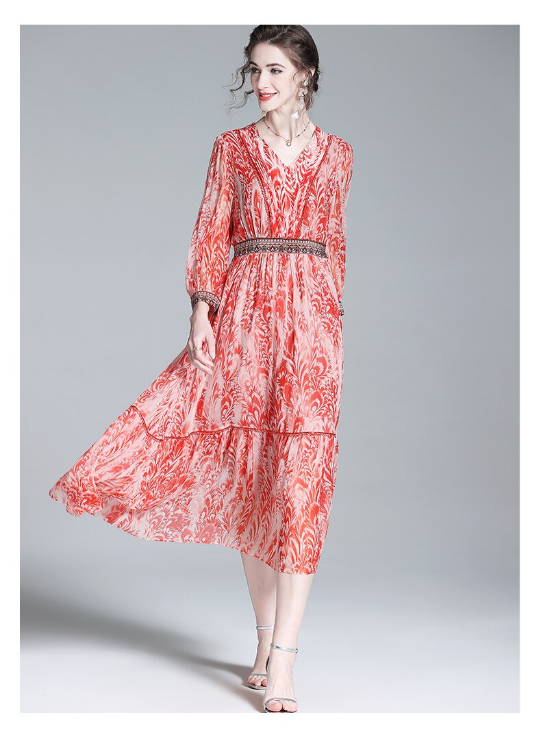 Casual Embroidery Floral Silk Ruffled V-Neck Midi Dress