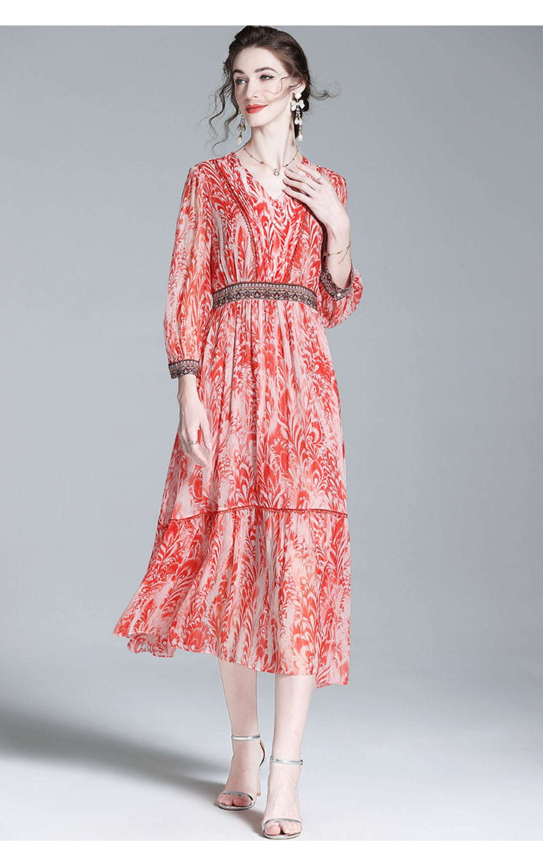 Casual Embroidery Floral Silk Ruffled V-Neck Midi Dress
