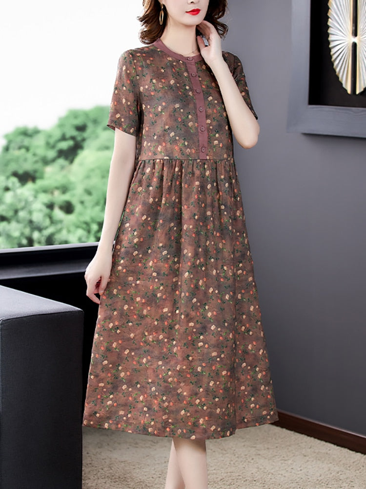 Floral Ramie Chic Luxury Silk Party Dress Short Sleeve