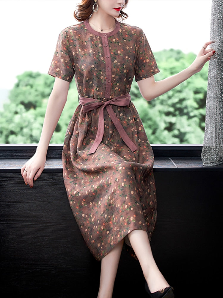 Floral Ramie Chic Luxury Silk Party Dress Short Sleeve