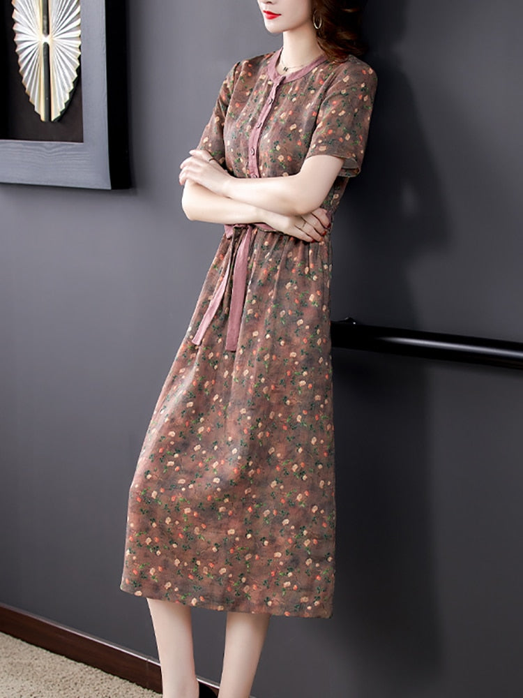 Floral Ramie Chic Luxury Silk Party Dress Short Sleeve