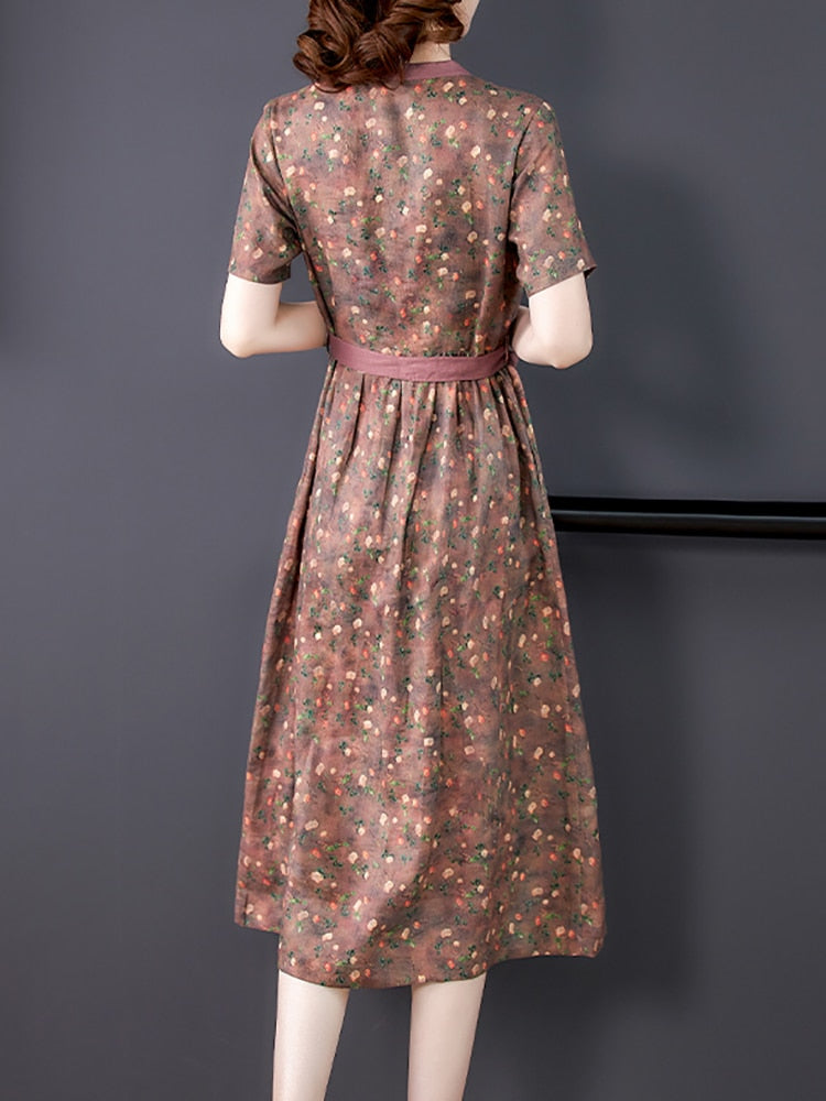 Floral Ramie Chic Luxury Silk Party Dress Short Sleeve
