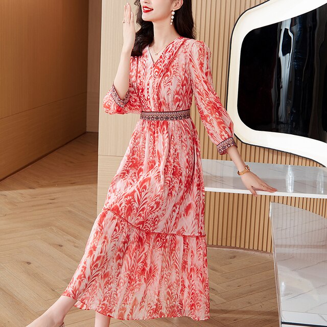 Summer Boho Floral Silk Midi Dress Short Sleeve