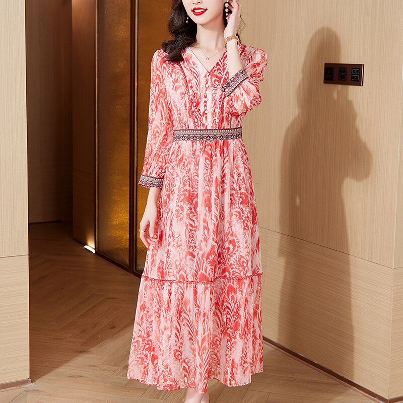 Summer Boho Floral Silk Midi Dress Short Sleeve