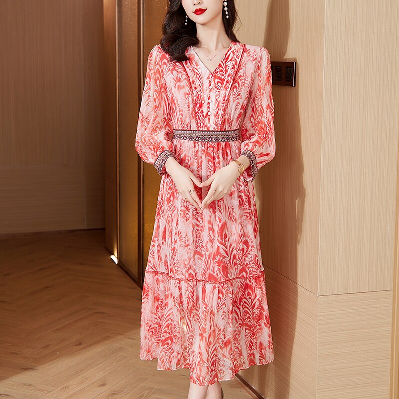 Summer Boho Floral Silk Midi Dress Short Sleeve