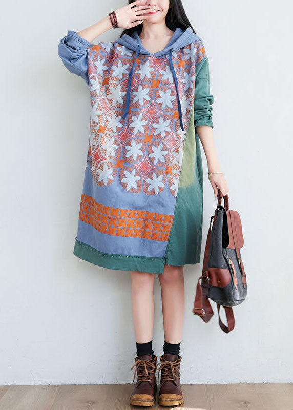 Women Green Hooded Print Cotton Mid Dresses Spring