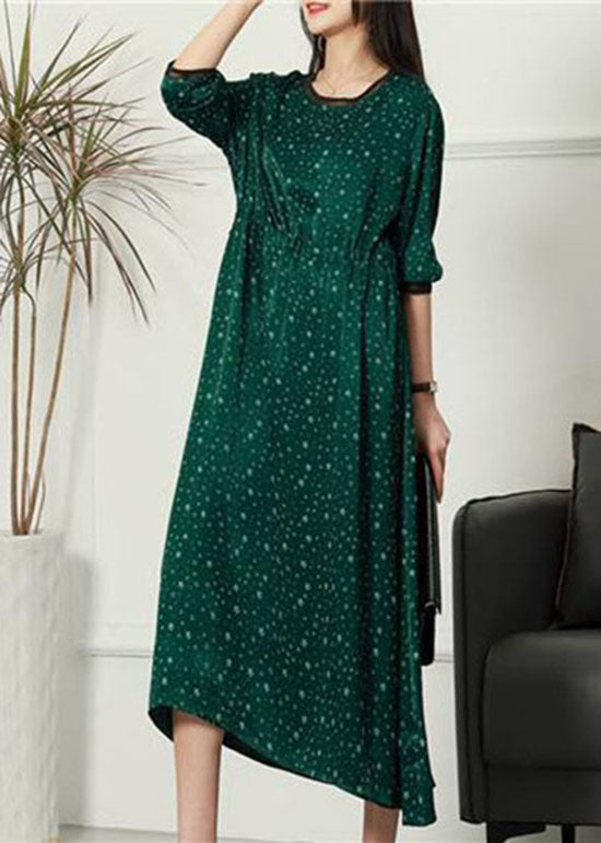Women Green O Neck Print Patchwork Thin Silk Dresses Spring