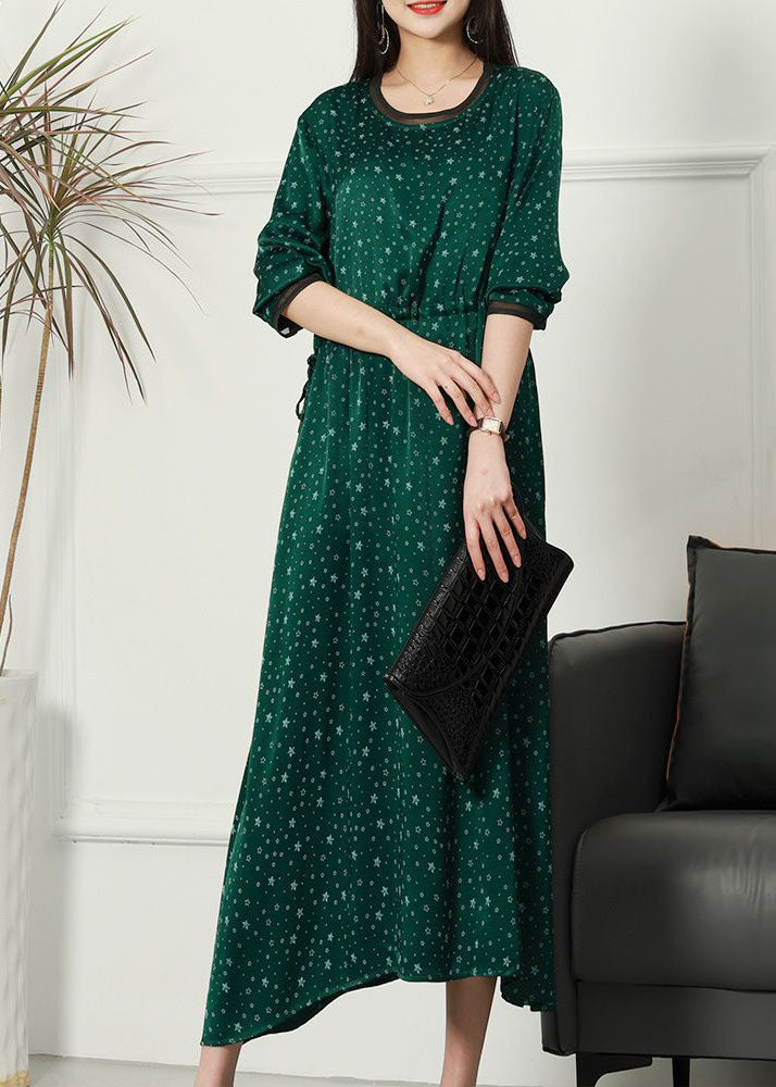 Women Green O Neck Print Patchwork Thin Silk Dresses Spring