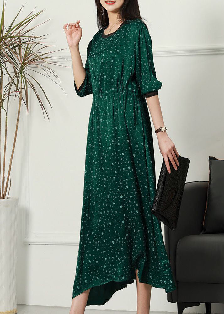 Women Green O Neck Print Patchwork Thin Silk Dresses Spring