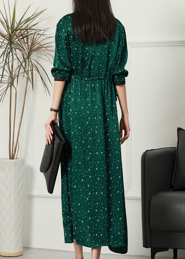 Women Green O Neck Print Patchwork Thin Silk Dresses Spring