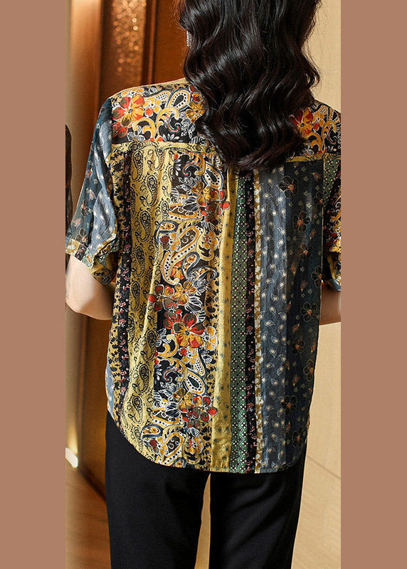Women Green Peter Pan Collar Print Button Silk Top Short Sleeve