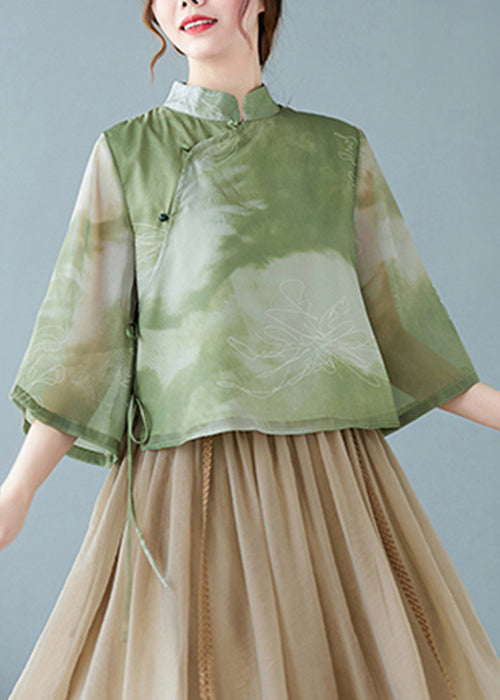 Women Green Stand Collar Tie Dye Silk Blouses Summer