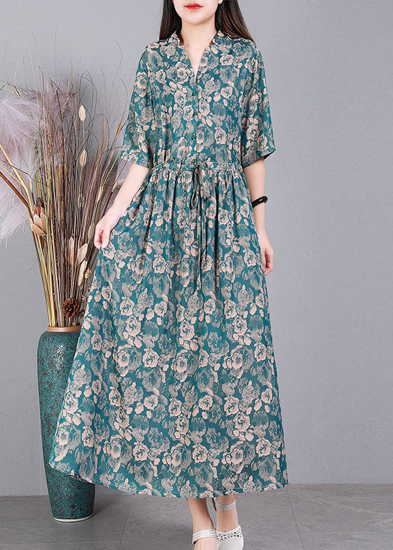 Women Green V Neck Drawstring Print Silk Long Dress Short Sleeve