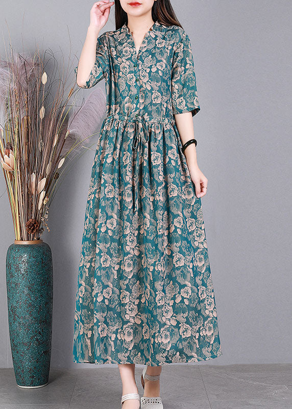 Women Green V Neck Drawstring Print Silk Long Dress Short Sleeve