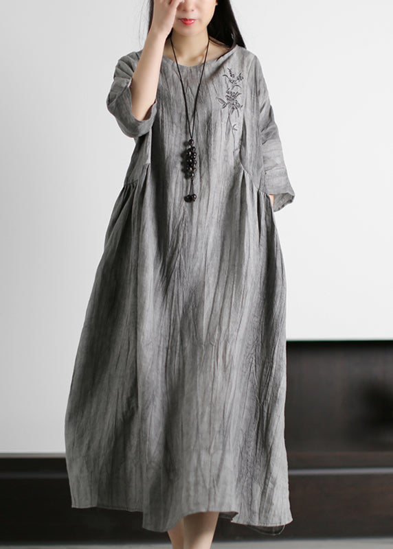 Women Grey O-Neck Wrinkled Embroideried Linen Dress Half Sleeve
