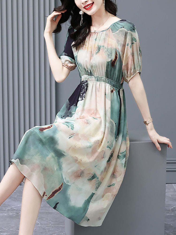 Elegant Summer Floral Silk Midi Dress Short Sleeve