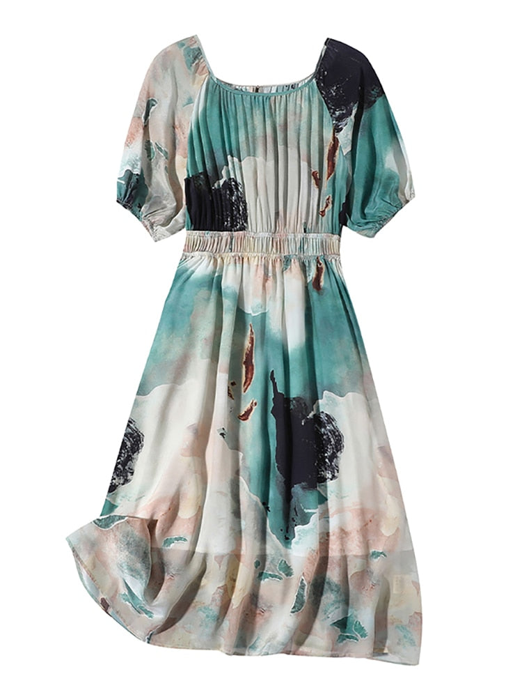 Elegant Summer Floral Silk Midi Dress Short Sleeve