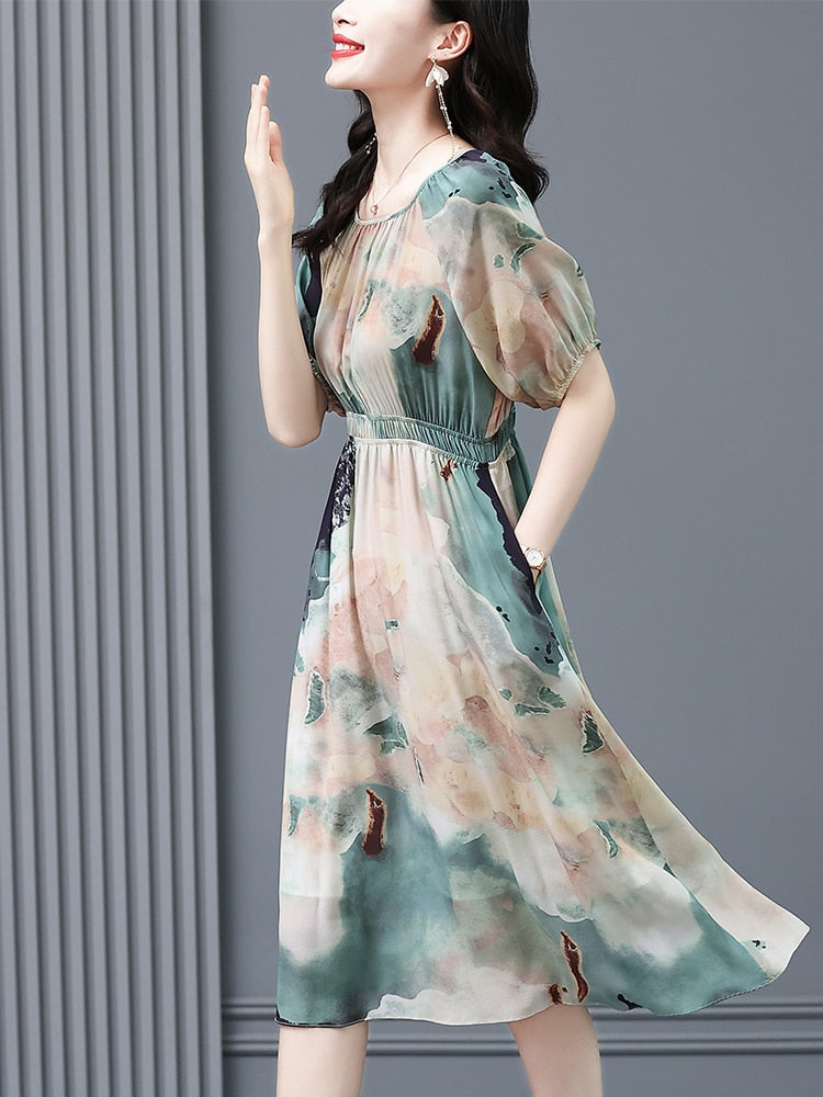 Elegant Summer Floral Silk Midi Dress Short Sleeve
