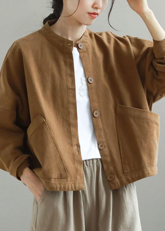 Women Khaki Stand Collar Pockets Button Fall Trench Long Sleeve - Omychic