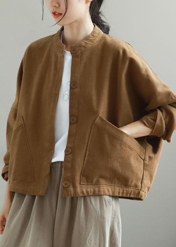 Women Khaki Stand Collar Pockets Button Fall Trench Long Sleeve - Omychic