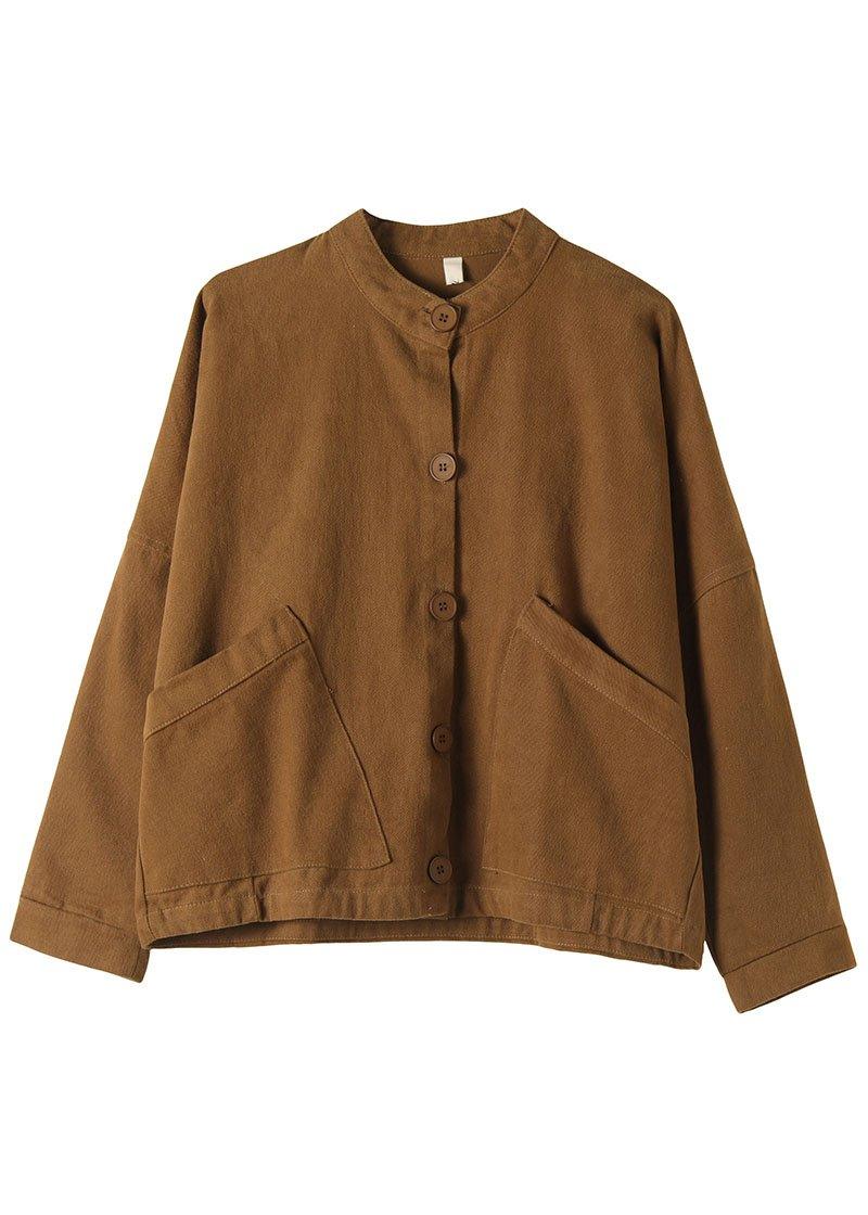 Women Khaki Stand Collar Pockets Button Fall Trench Long Sleeve - Omychic
