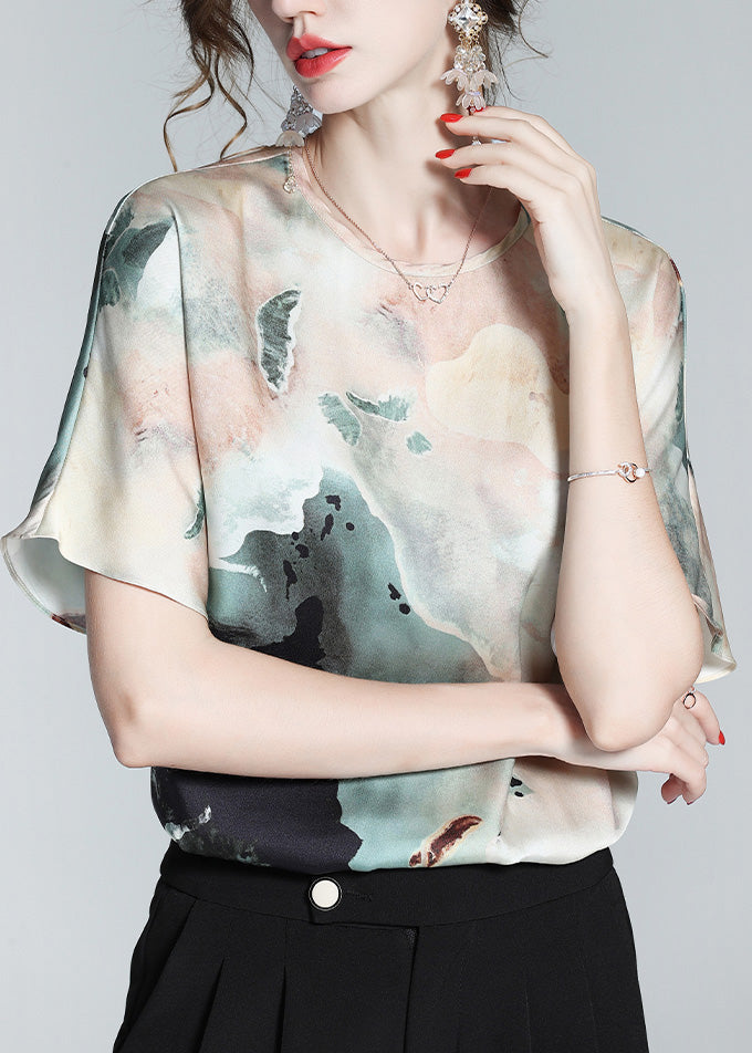 Women O-Neck Print Silk Shirts Short Sleeve