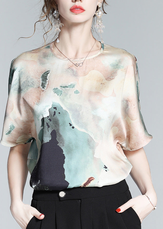 Women O-Neck Print Silk Shirts Short Sleeve