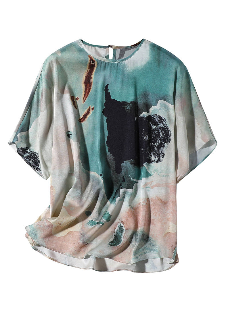 Women O-Neck Print Silk Shirts Short Sleeve
