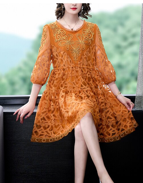 Loose Tight Printed Pink Embroidered Silk Dress