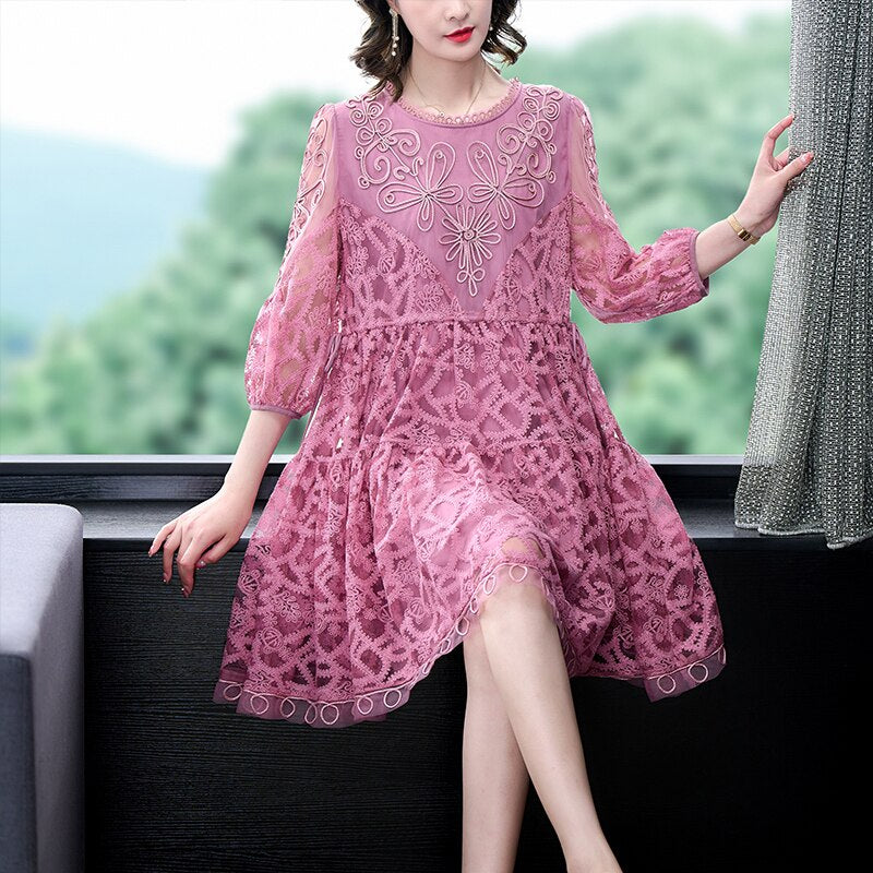Loose Tight Printed Pink Embroidered Silk Dress