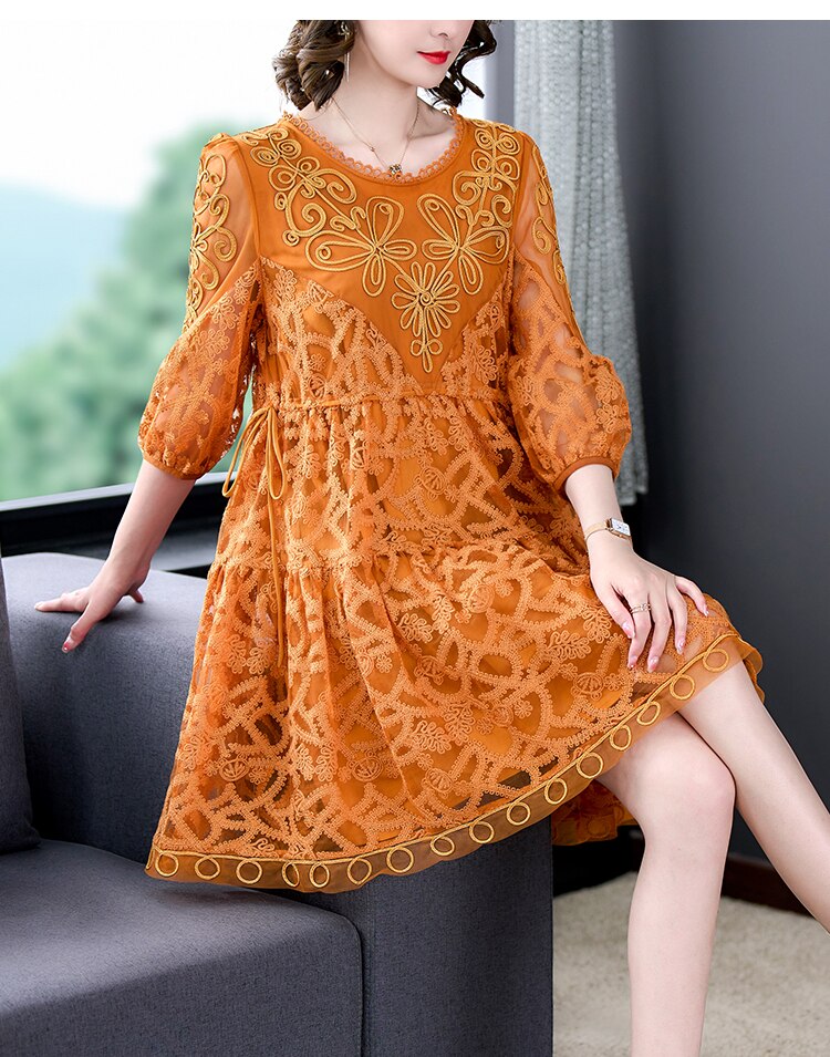 Loose Tight Printed Pink Embroidered Silk Dress