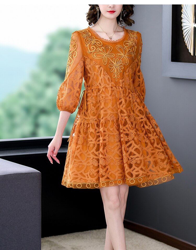 Loose Tight Printed Pink Embroidered Silk Dress