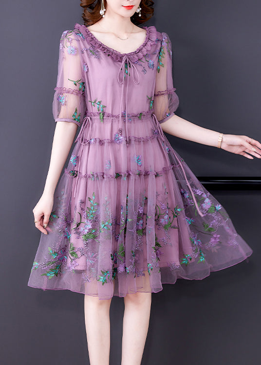 Camellia Cotton Eyelet Floral Prints Button Down A-line Collared Dress (Purple)
