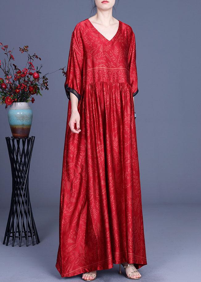 Women Red Print Silk Half Sleeve Summer Dresses - Omychic