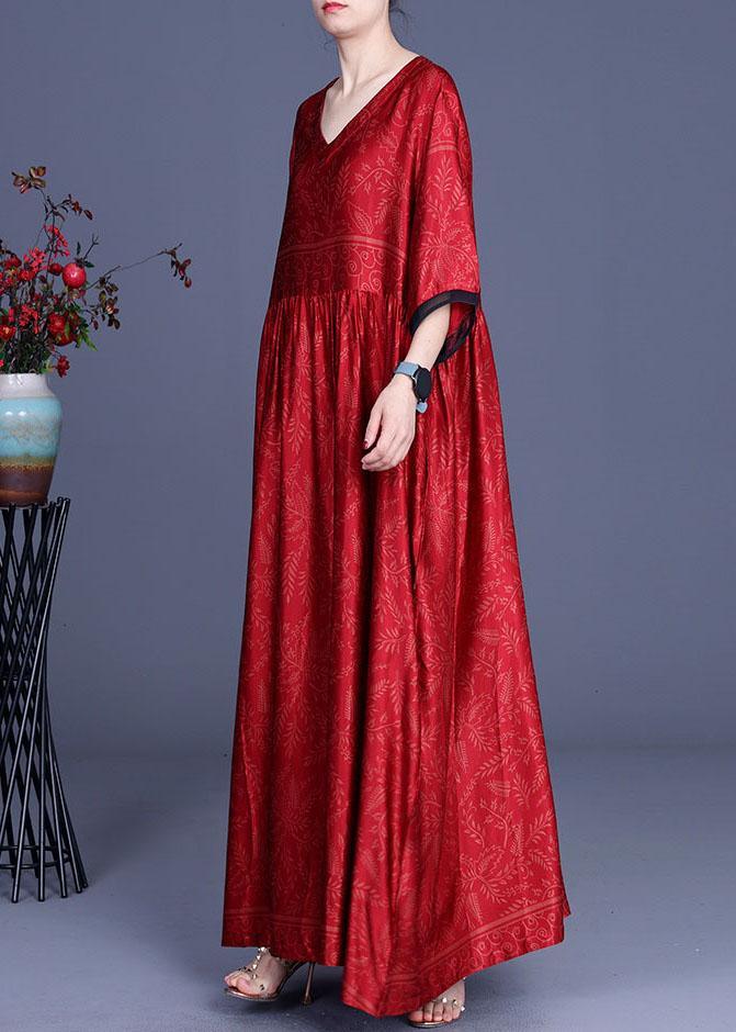 Women Red Print Silk Half Sleeve Summer Dresses - Omychic