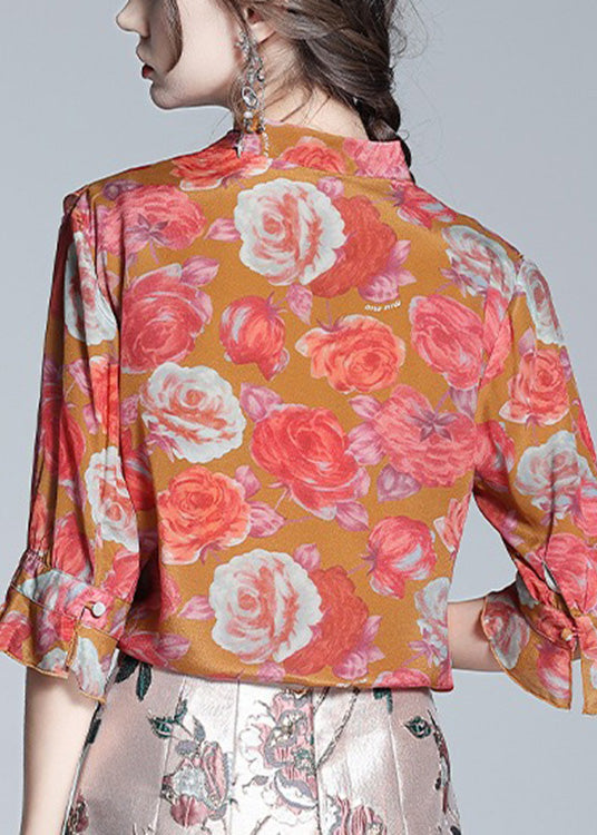 Women Red V Neck Print Bow Silk Shirt Half Sleeve