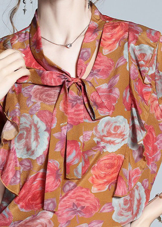 Women Red V Neck Print Bow Silk Shirt Half Sleeve