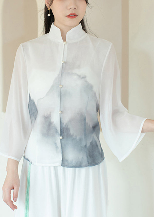 Women White Stand Collar Print Silk Shirt Spring